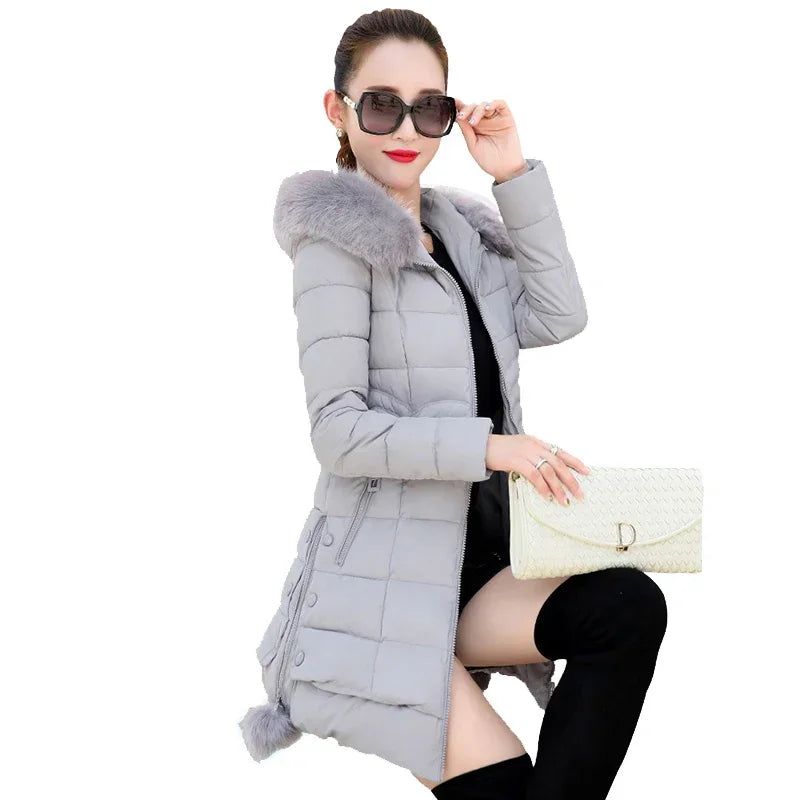 Winter Jacket Women 2024 Winter Coat Pure Color Casual Fur Collar Hooded Long Hooded Cotton Lady Jacket